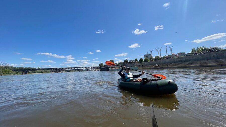 Packrafting kayaking guided tour Vistula river Warsaw Poland - Sunset over the Old Town, plus an island photo break if conditions allow